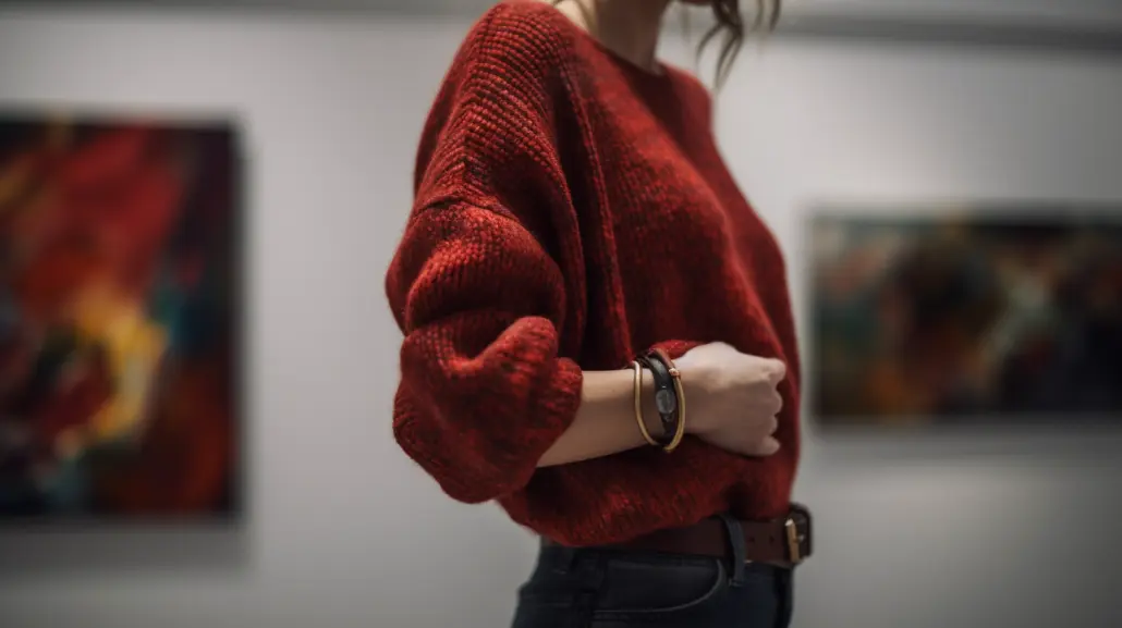 red sweater with belt and acsessorize