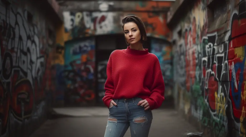Red sweater with blue wide-leg jeans