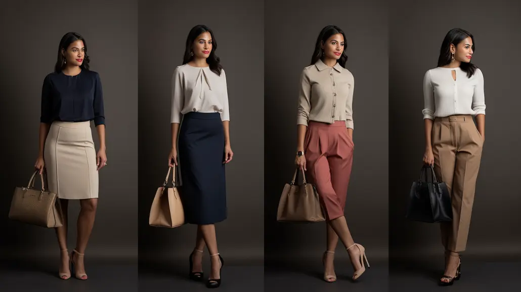 Business casual capsule wardrobe Trousers Skirts Dresses